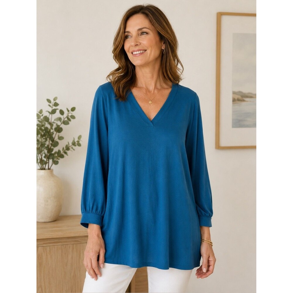 Soft Surroundings Teal Blue Long Sleeve V Neck Tunic Blouse Top Size 2X Relaxed